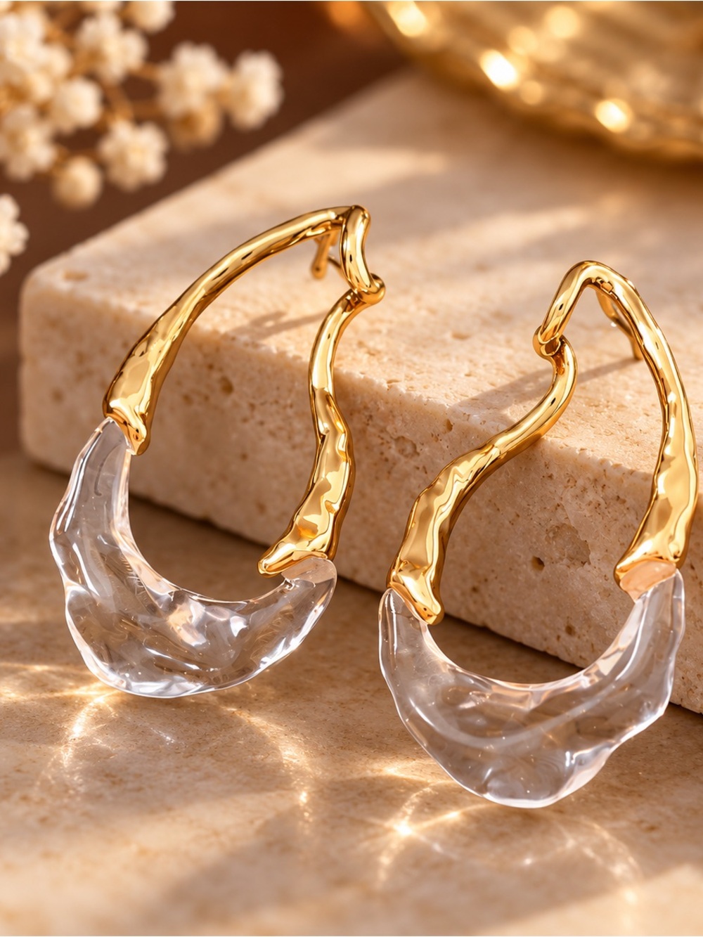 Gold Tone Clear Acrylic Statement Hoop Earrings Sculptural Dangle